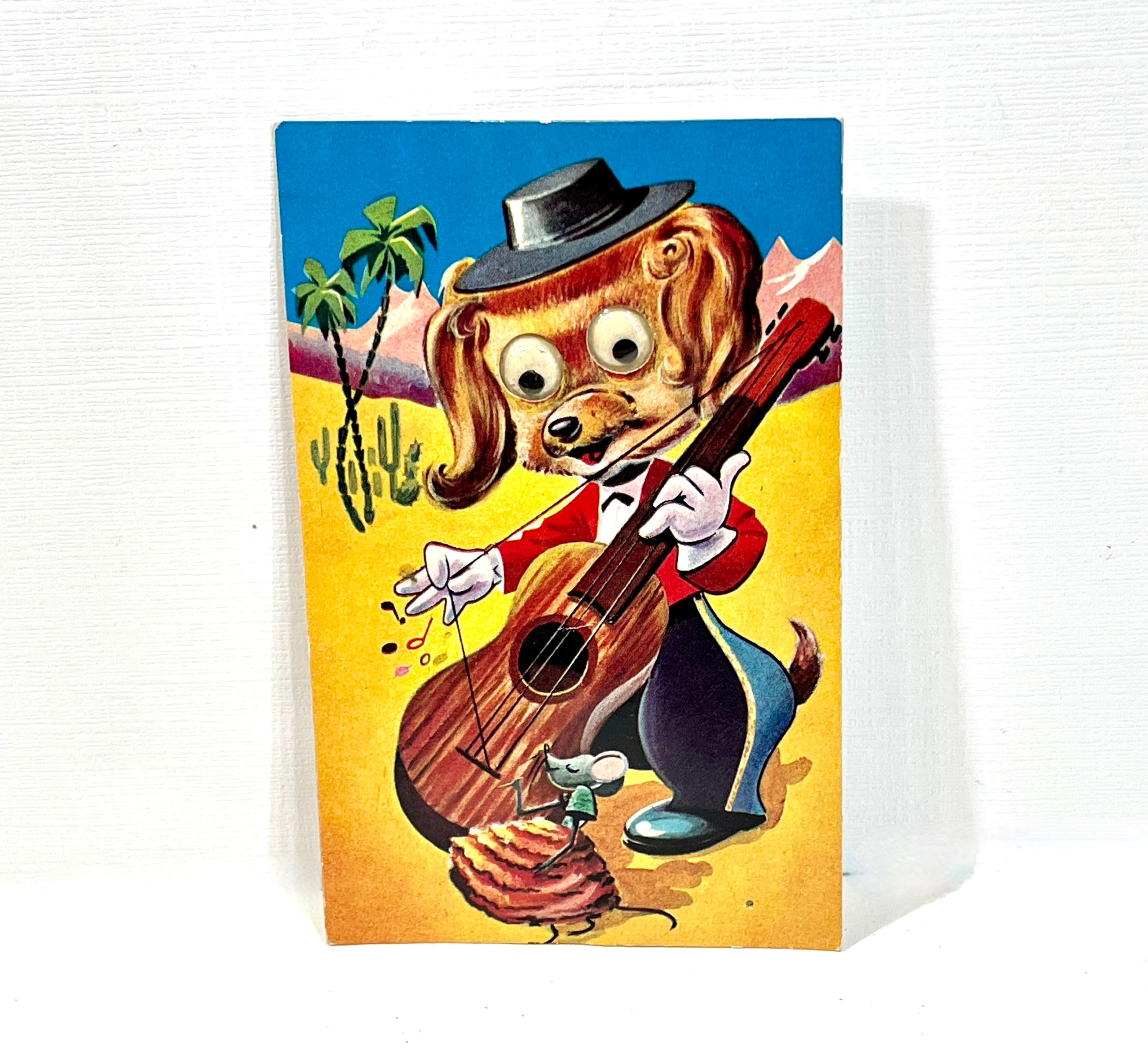 Squeaker Postcard, Plastic Wiggly Eyes, Dog and Bass, Rare Postcard, Squeaker works, Mid Century 1950s, Japan, Unused Postcard, Gift Idea