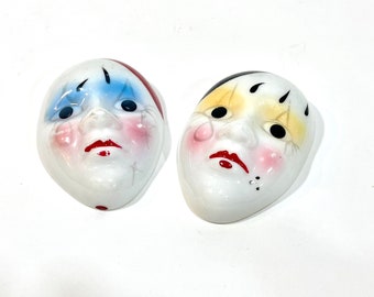 Vintage Harlequins, 2 Ornament Masks, Pierrot Masks, Ceramic Porcelain, Theatrical Jester Clown, Red Lips, Asymmetrical Detail