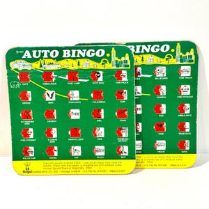 Bingo de carros antigos, controle deslizante de obturador, bingo automático, 2 cartões, viagens de carro, atividade de verão, década de 1990, cartão de 7 x 7 polegadas, Regal Games