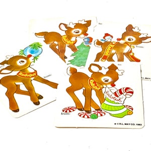 Vintage Christmas Gift Tags, RUDOLPH the Red Nosed Reindeer, Crafts, Card Making, Scrapbooking, Four Cards, Robert L May Co, Circa 1980s
