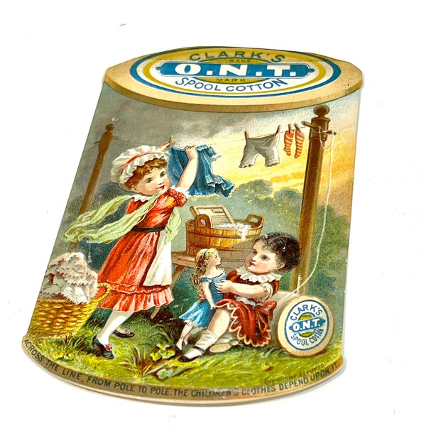 Carte de commerce victorienne, antique des années 1880, fil Clarks, coton bobine ONT, lavage suspendu pour enfants, fil à coudre, papier éphémère, cadeau pour elle