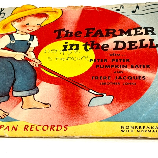 The Farmer in the Dell, 1950 Peter Pan Records, Red Non-Breakable, Vinyl Record, Peter Peter Pumpkin Eater, Frère Jacques, 78rpm,UNTESTED