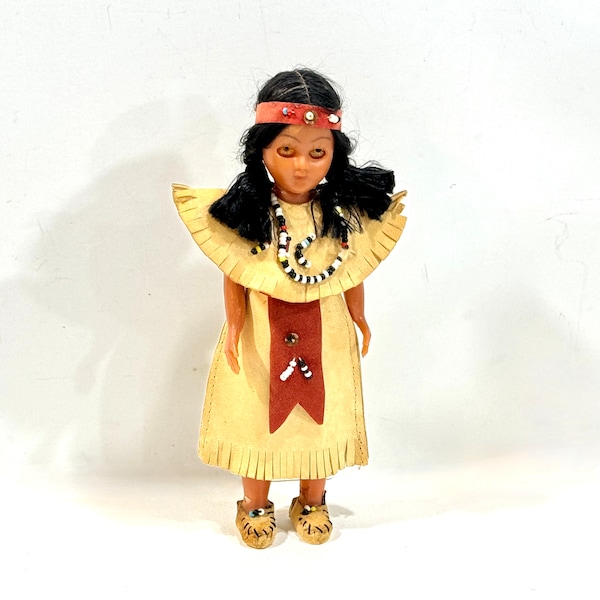 Vintage Doll, Native American, Indian Girl,Hand Made, Beaded Leather, 8 inch, Mid Century 1960s, Souvenir Doll, Sleep Eyes, Jointed Arms