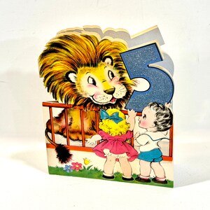 Vintage anniversaire d'enfants, découpe, 5e anniversaire, zoo de lions mignons, garçons et filles, scrapbooking, fabrication de cartes, milieu des années 40