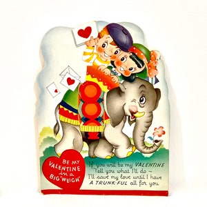 Vintage valentijnskaarten, circusolifant, mechanisch gestanst, 7 inch, Googly eye-kiids, mid Century vakantie jaren 1940