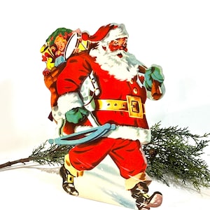 Vintage kerstman, gestanst, kartonnen kerstman, zak met speelgoed, hobbelpaard, opstaan, 12 x 8 inch, jaren 1940, kerstdecor, cadeau-idee