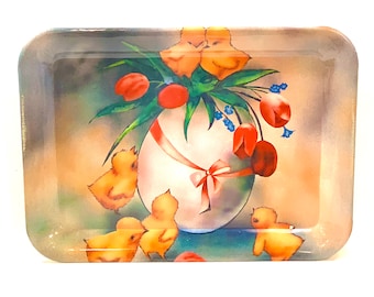 Vintage Chicks and Flowers, Serving Tray, Plastic Tray, Easter Spring Decor, Granny Chic, Mid Century Holiday, Farmhouse Decor