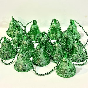 Vintage Green Embossed Bell Garland, 7 ft Christmas, Metallic Plastic Bells: Holiday Craft Ornaments