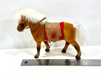 Vintage Toy Horse,  Flocked Velvet Pony,  Palomino Breed, Western Horse w Saddle, Bridle and Reins, Golden Brown, Fur mane tail, 1970s