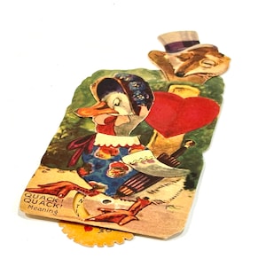 Vintage Mechanical Valentine Card: Duck in Bowtie, 1930s Die Cut