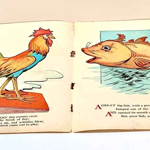 Antique Storybook Ephemera, Nursery Rhymes, Boy w Christmas Stocking, Rooster Fish, 1910s Book Illustration, Altered Art