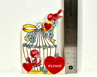 Vintage Valentine, Red Birds, Die Cut Card, 6 x 4 inches, Mid Century 1950s, Anthropomorphic, Bird in Cage. Made in USA