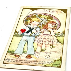 carte postale vintage de la Saint-Valentin, fille et garçon, en relief, garçon marin, utilisé, époque des années 1920, carte postale ancienne, fabriquée aux États-Unis