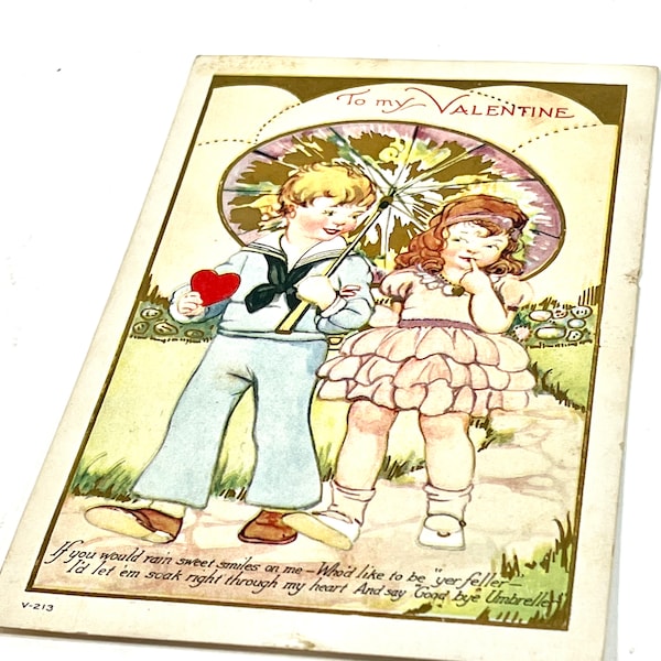 Vintage Valentine Postcard, Girl and Boy, Embossed, Sailor Boy, , Used, 1920s Era, Antique Postcard, Made in USA