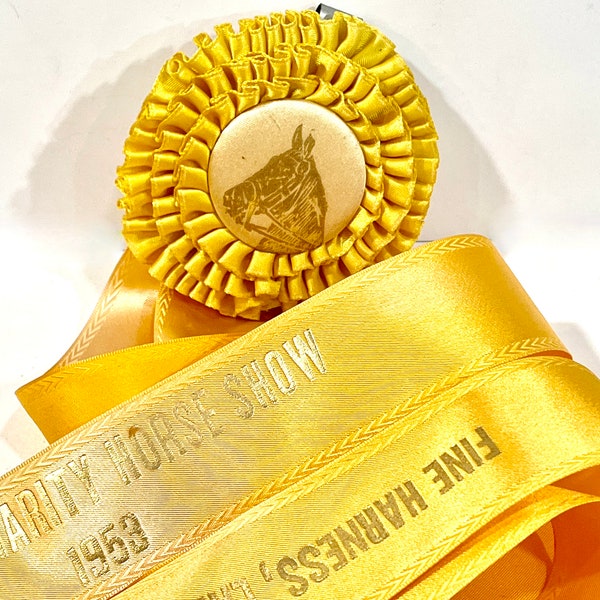 Horse Show Ribbon, Satin Rosette, Horse Button, Yellow 3rd  Prize Award, 26 inches,  Equestrian Award, 1950s Award, For Collector