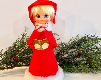 Vintage Christmas, Tree Topper. Caroler Girl, Red  Flocked, Big Googly Eyes, Blonde  Hair, Made in Japan, Mid Century Holiday, Gift for Her