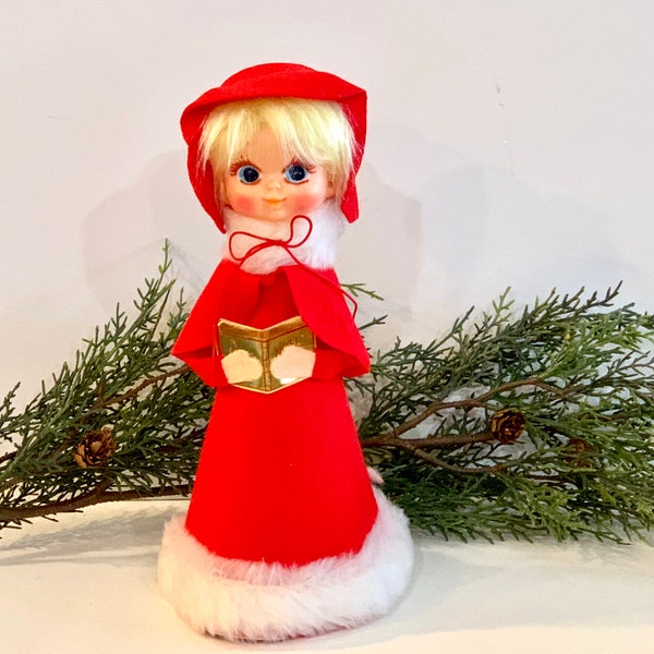 Vintage Christmas, Tree Topper. Caroler Girl, Red  Flocked, Big Googly Eyes, Blonde  Hair, Made in Japan, Mid Century Holiday, Gift for Her