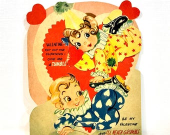 Biglietto di San Valentino meccanico degli anni '40, bambini pagliacci fustellati, 6x7 pollici