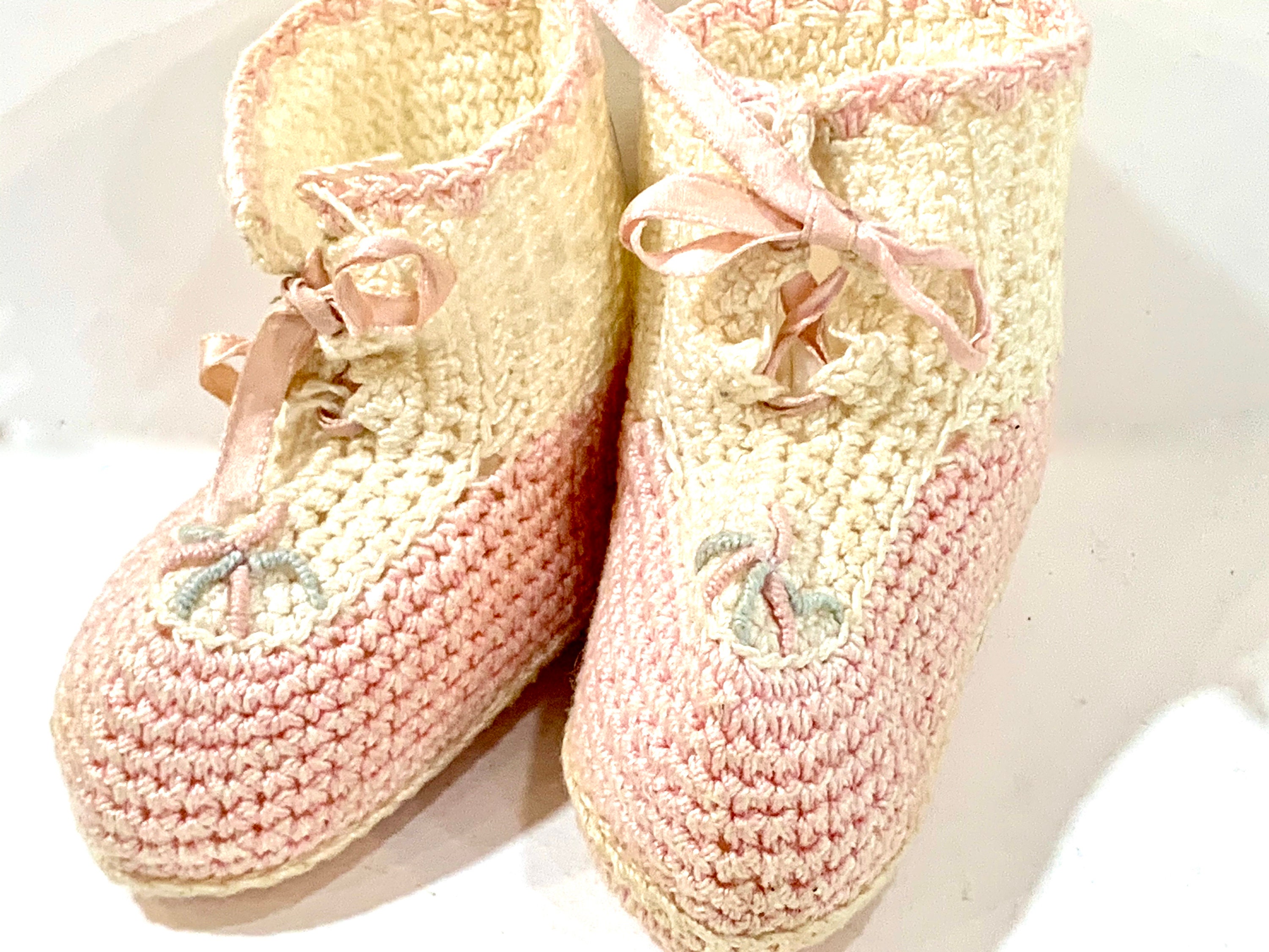 Vintage Pink Baby booties Satin Ribbon Ties Crocheted Etsy