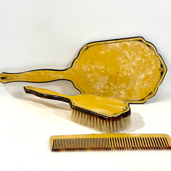 Vintage Vanity Set, Yellow Bakelite, Butterscotch Color, Art Deco, Hairbrush, Hand Mirror, Beveled Mirror, 11 inch Comb,  Granny Chic, Gift