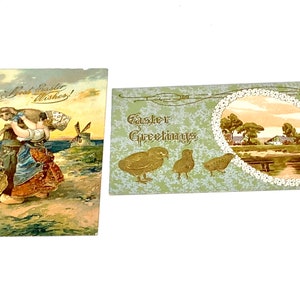Cartoline antiche, ragazza olandese con agnello, pulcini, SET di 2, arte pasquale edoardiana, in rilievo, nonna chic