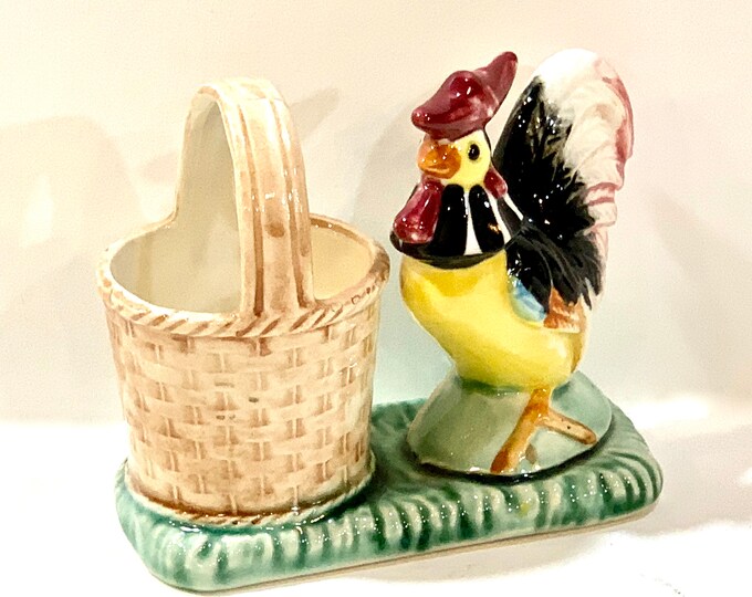 Vintage Ceramic Rooster Figurine Rooster W Basket Chicken Etsy