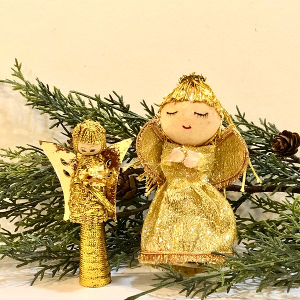 Vintage 1960s Angel Ornaments, Mid Century Mod, Gold Metallic Angels, Lot of Angels, Gold Metallic Hair, Spun Cotton Head, Made in Taiwan