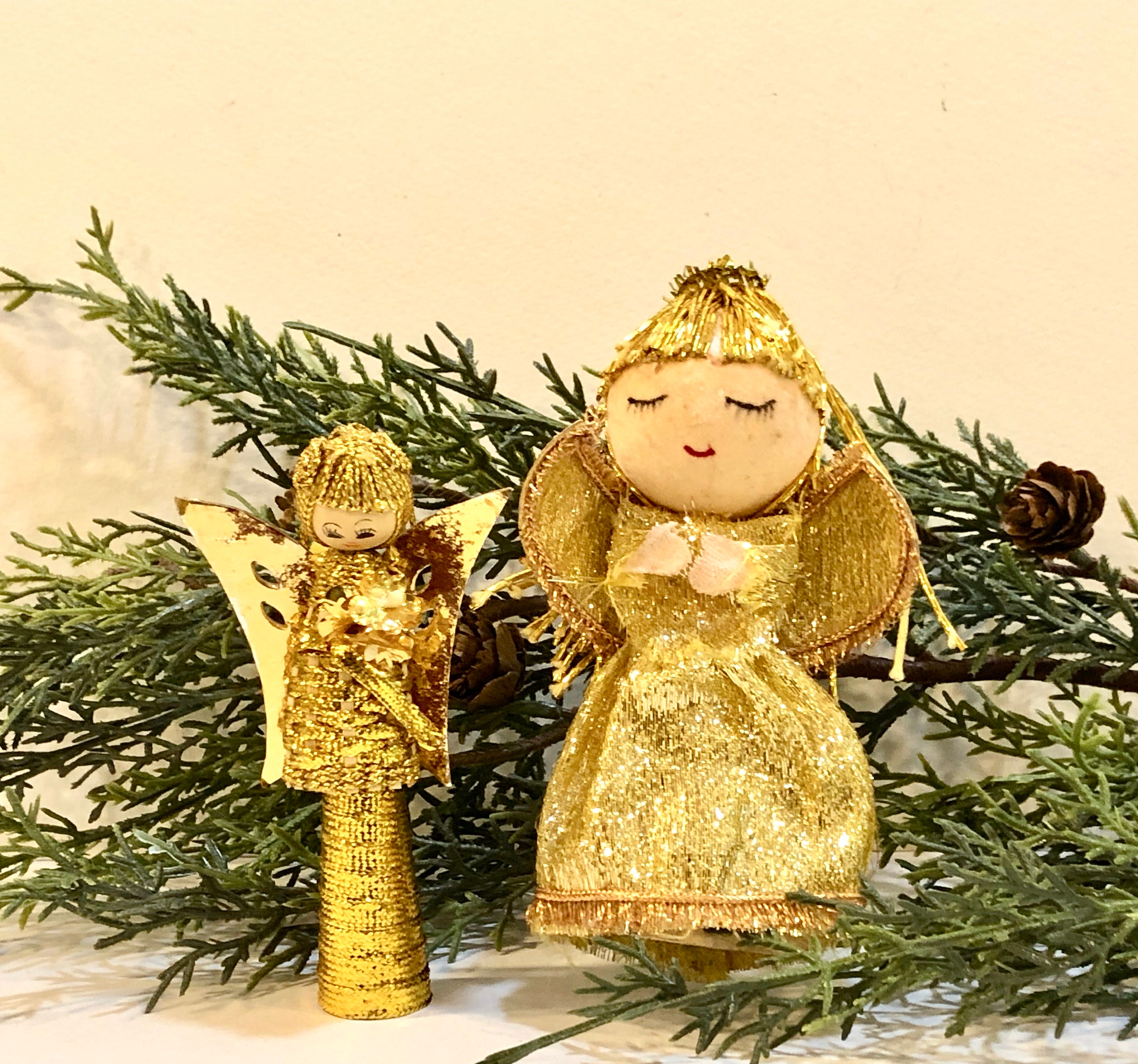 Angel Ornament ~ Holiday Decorations ~ Gold Tinsel, Beads, Jewel ~ 8 Inch
