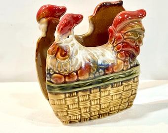 1970s Napkin Holder, Rooster on Basket, Table Decor, Farmhouse Kitchen, Chicken collector, Glossy Glaze, Red Green Blue, Gift for Her