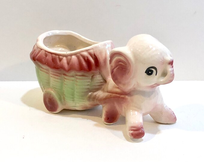 Vintage Baby Elephant Cart Planter Pink Elephant Two Wheel Etsy