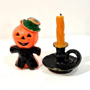 Vintage Gurley Halloween Candle: Pumpkin Man Figural, Black Candlestick