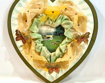 Layered Victorian Edwardian Antique Valentine Card, 10 inch Heart, Original Box, Rose Garland, Butterflies
