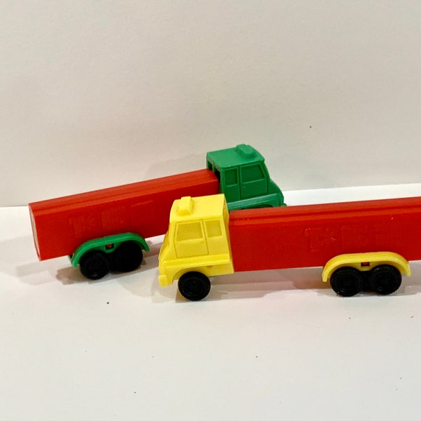 Vintage Pez,  Candy Holder, 2 Trucks, Green Cab, Yellow Cab, Red Trailers, No Feet, Hard to find colors, Gift for Collector