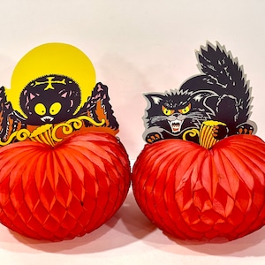 Decorazione vintage a nido d&#39;ape per Halloween: gatto e ragno kitsch, anni &#39;80 AMSCAN