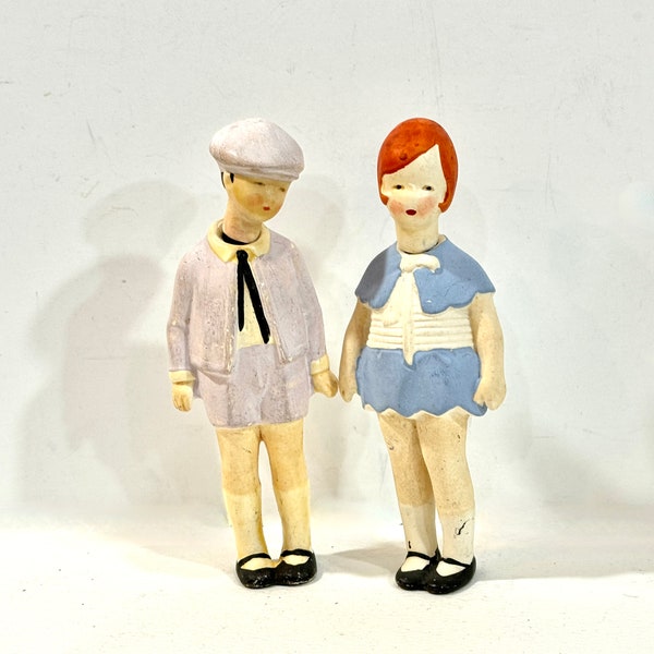 German Nodder, Bisque Doll,  RARE Knotter Dolls, Boy and Girl, Pink and Blue, Art Deco Doll, Vintage Collectible, 4 inches tall, Circa 1930s