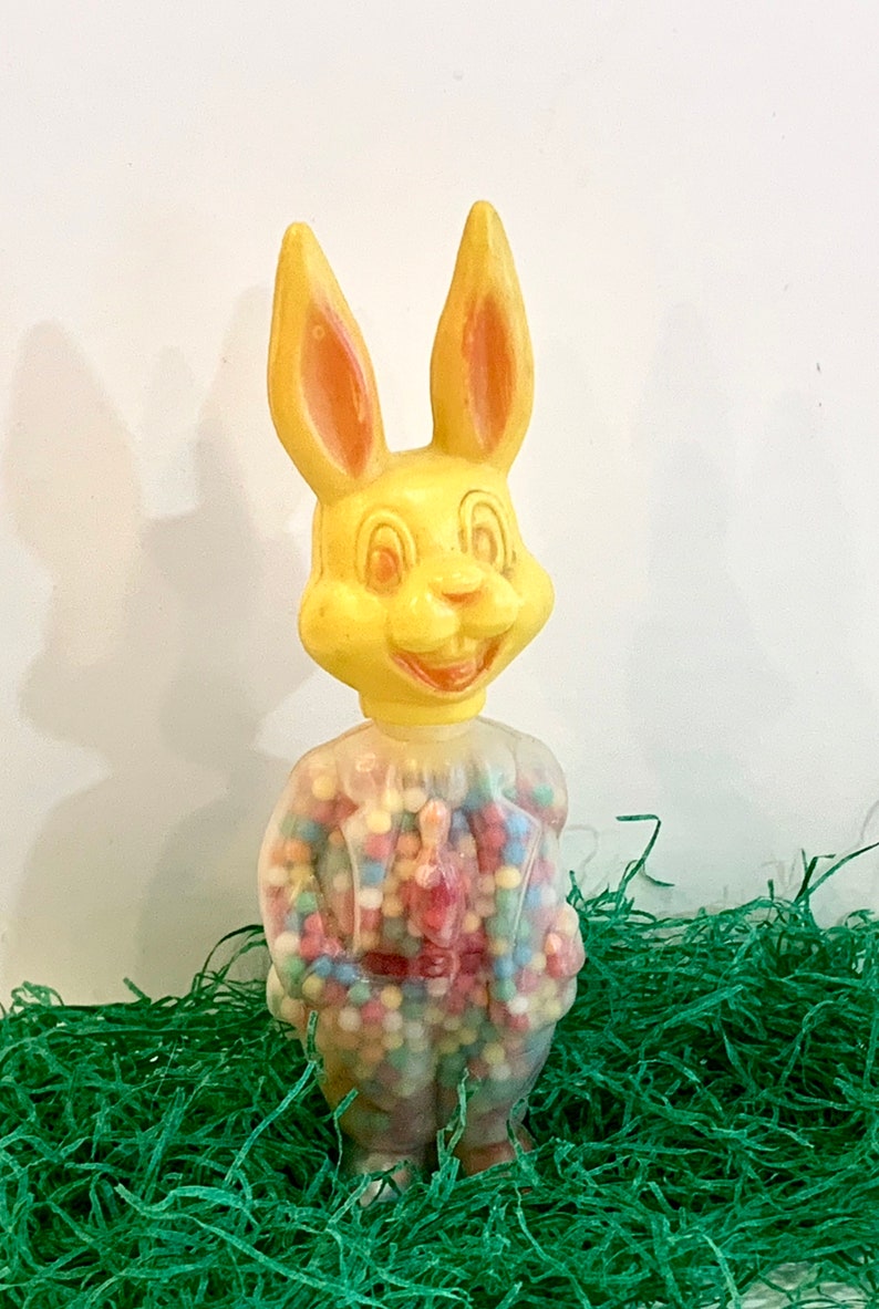 Hong Kong 1960s Mid Century Holiday Candy Holder Yellow Rabbit Easter Toy Vintage Rosbro Bunny