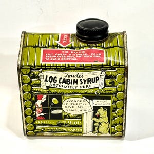 Vintage Sirup Dose, TOWLE'S LOG CABIN, Bär in der Tür, grüne Kabine, Cartoonszenen, Boy Easting Pfannkuchen, 12 Unzen Dose, Geschenk für Sammler