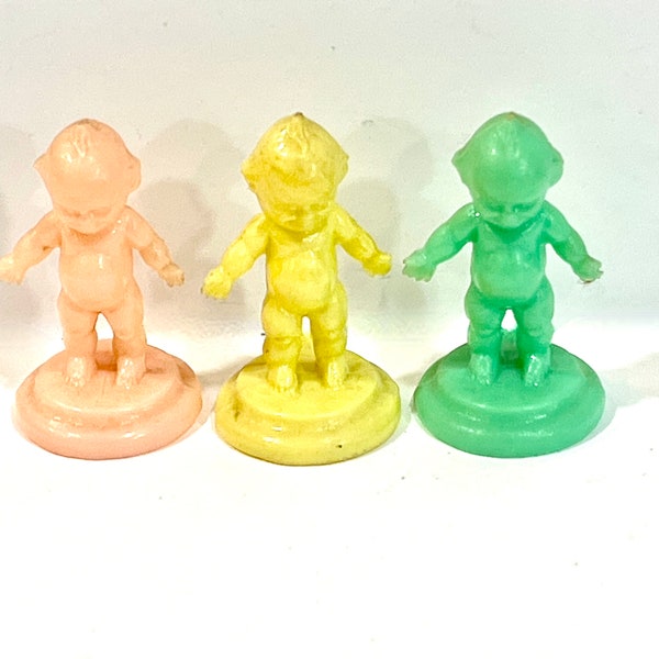 Vintage Kewpies, 3 Cake toppers, Molded Plastic, Mid Century 1950s, Hard Plastic, Yellow Pink Green, Craft Supply, Altered Art