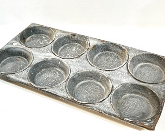 Vintage Kitchen, Gray Graniteware, Muffin Pan, Corn Muffin Tin, 8 Muffins, Corn Gems Pan, Early to Mid Century, Farmhouse Decor, Gift Idea