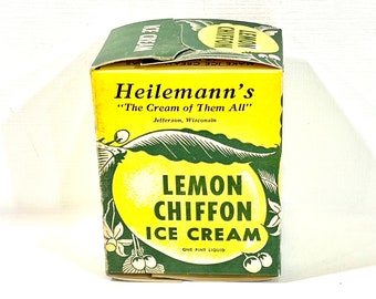 Vintage Kitchen, 1940s Ice Cream Carton, Ice Cream Advertising, Lemon Chiffon, Lemon Graphics, Cardboard, Heilemann's Pint Box, Jefferson WI