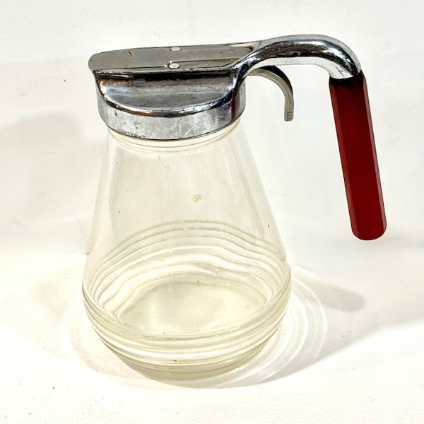 Vintage Syrup Dispenser, Red Bakelite Handle, Chrome Lid, Slider Top, Mid Century Kitchen, Federal Tool Corp, Chicago, IL, Farmhouse Decor