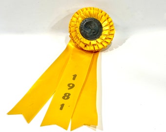 Horse Award Ribbon, Bronze Horse Button, Horse Show, Yellow Satin Rosette, Horse, 1981 Riding Club,  Equestrian Award, Unused Ribbon