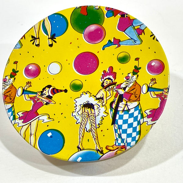 Vintage Toy, Tin Noise Maker, Clowns Dancing Girls, US Metal, Toy Mfg Co, Color Litho, Plastic Crank, Works, Gift Idea, Clown Collector