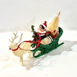 1960s Christmas, Wicker Sleigh, Flocked Pixie, Plastic Reindeer, Centerpiece, 7 inches, Japan