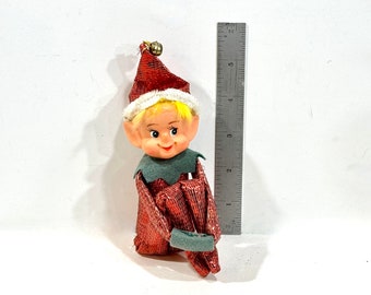 Vintage 1950s Knee Hugger, Christmas Elf, Pixie, Red Metallic Suit, Mid Century Holiday, Original Bell, Pointy Ears, Long Nose, Googly eyes