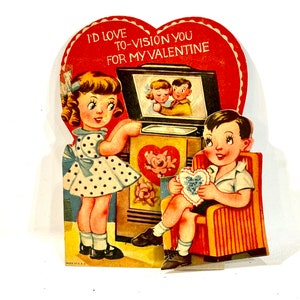 Vintage Valentine, tv jongen en meisje, uitvouwbare kaart, gestanste kaart, televisie, Googly Eye Kids, circa jaren 1940, NIET-ONDERTEKENDE kaart, 5 x 5 inch