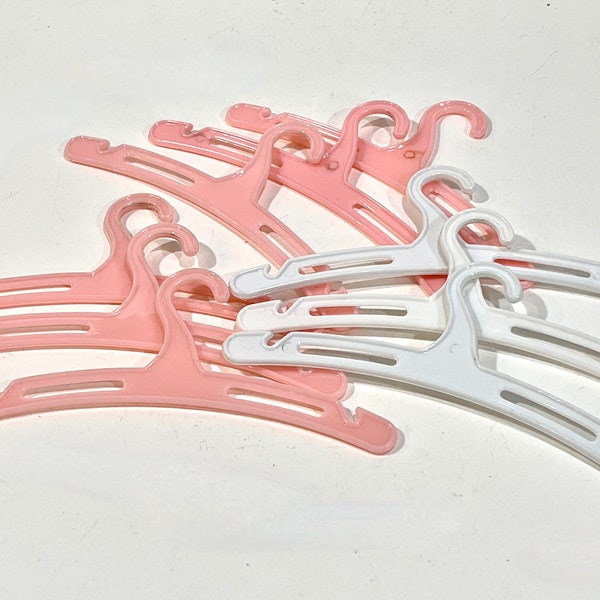 Doll Clothes Hangers, 9 Plastic Hangers, Three White, 6 Pink, Heavy Plastic, Barbie Hangers, Small Hanger, Mid Century 1960s, Doll Collector