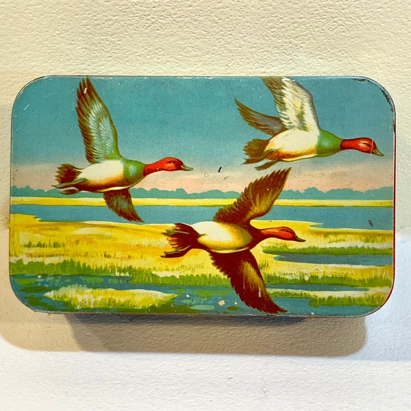 Vintage Candy Tin Litho, Flying Ducks, Trinket Box, Gift for Dad, Red Head Ducks, Hunting Cabin, Man Cave Decor, Mid Century 1940s