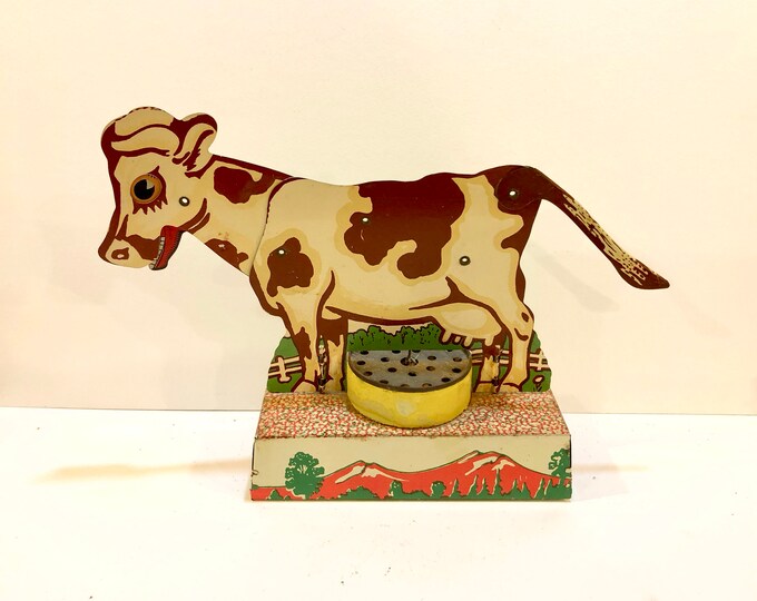 Vintage 1940s Toy Mechanical Toy Cow Tin Litho Toy Tail Etsy