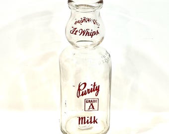 Vintage Milk Bottle, Purity Products, Quart Bottle, Cream Bubble, Tennessee Dairy, Pyroglaze Letters, Farmhouse Decor, Gift for Collector